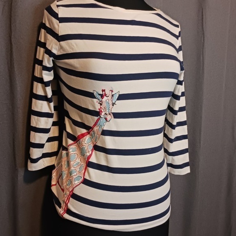 Talbots Petites S White Black Striped colorful Giraffe Applique 3/4 Sleeve Top